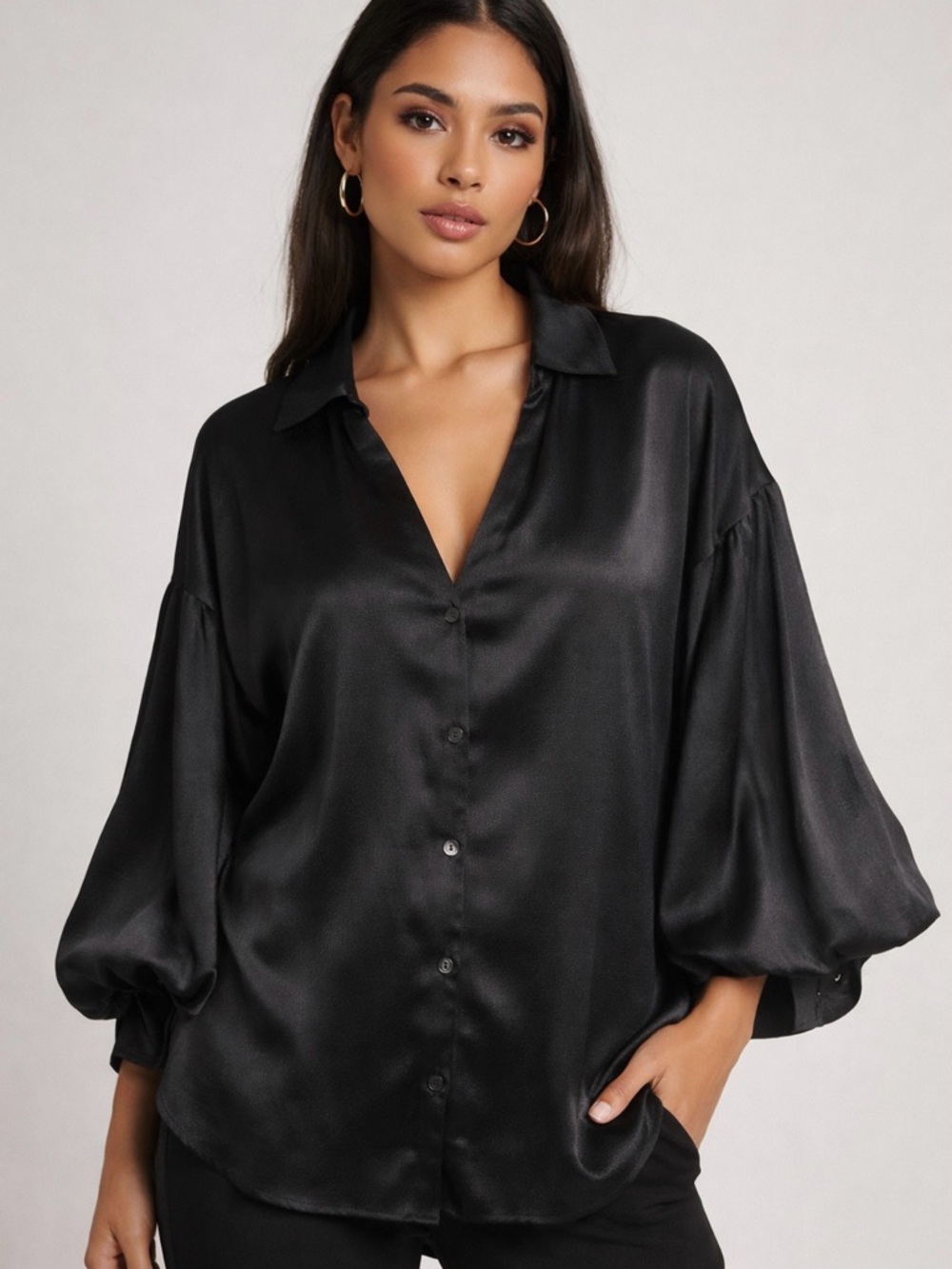 ODDY Black Textured Satin Collar Blouse